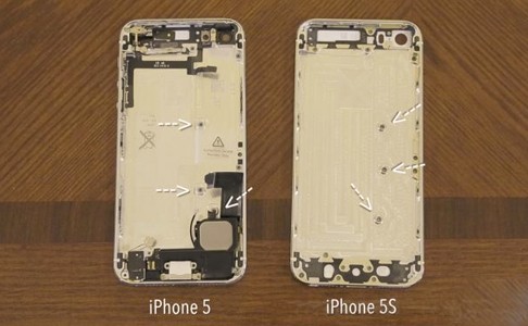 在影片中,我们首先可以清楚地看到iphone 5s和iphone 5结构的差别,5s