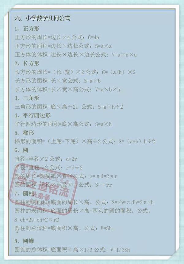 小学1-6年级数学公式 定律大全,为孩子收起来!