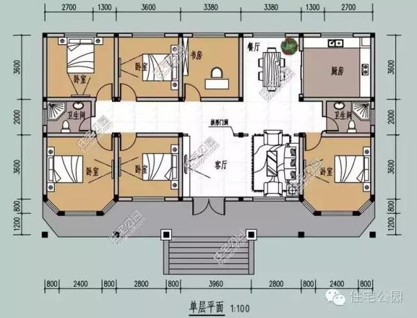 一层温馨农村别墅18.6x11米,u字形围合,多卧室