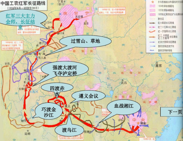 红军长征路线图:从图的下方一直往上走,中间的一场战争强度大渡河,飞