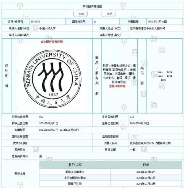 人大校徽商标到期没续展被人抢注成功,几个意