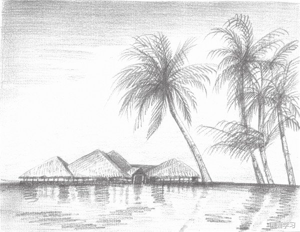 素描海边风景的绘画步骤十 11,这部分开始用细小的铅笔点状刻画海边的