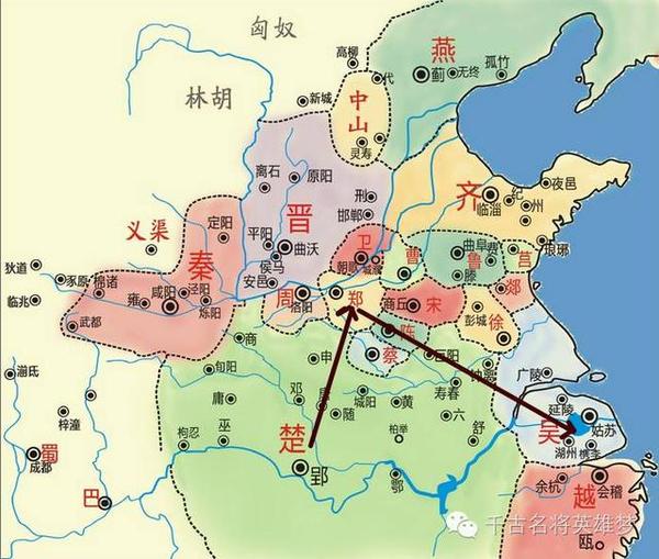 伍子胥逃亡路线,并可见吴国攻楚可谓蛇吞象,伍子胥欲借其覆楚,难矣