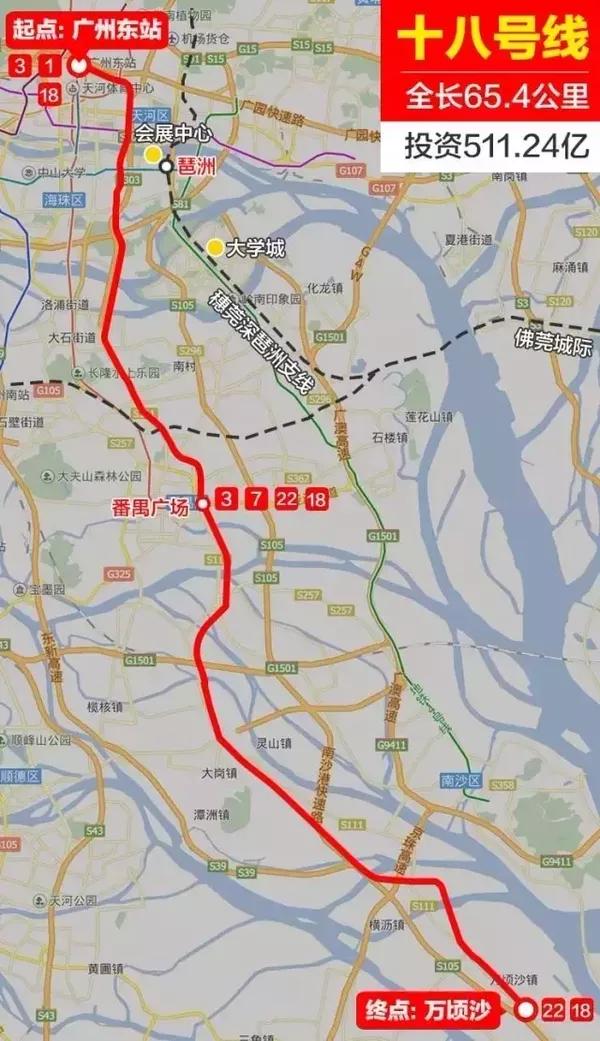 广州地铁18号线目前规划 广州地铁18号线 走向:广州东站—万顷沙