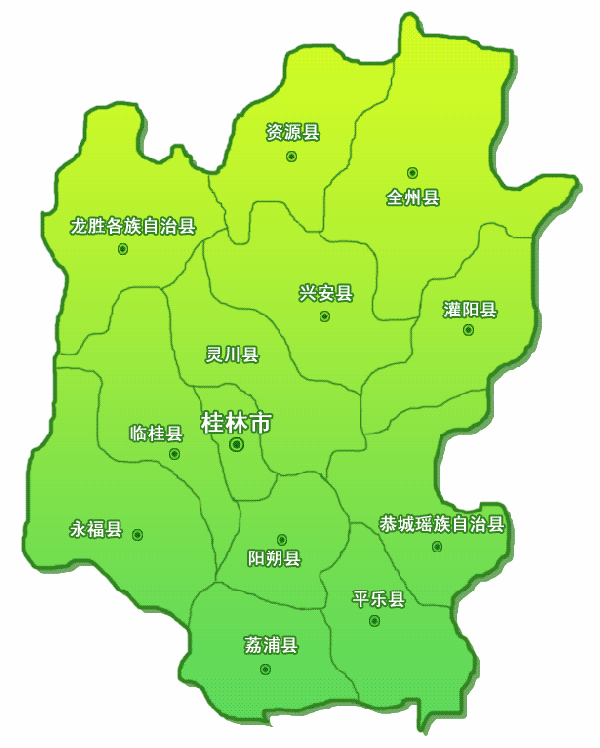桂林北接湖南贵州,西面与南面与柳州市相连,东面与贺州市毗邻,区位图片