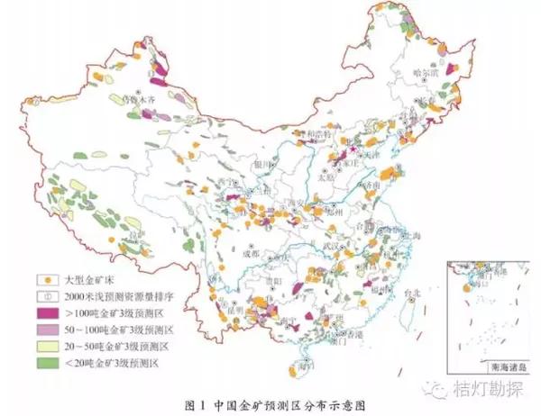 中国金矿预测区分布示意图