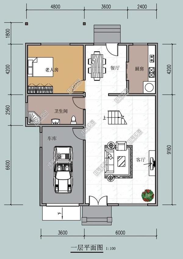 10x13米自建房设计图,13米×10米建房图 ▼平面图 一层平面图: 经典实用的农村自建房设计,一层设老人房,方便