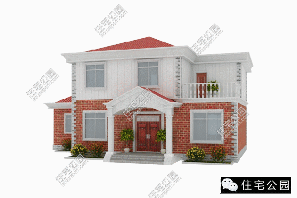 此户型占地面积15x11米,建筑面积220平方米,红砖白墙,颜色搭配经典