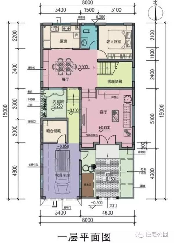 进房屋大门是客厅,客厅有神位台,客厅与餐厅之间有高差,增加了房屋