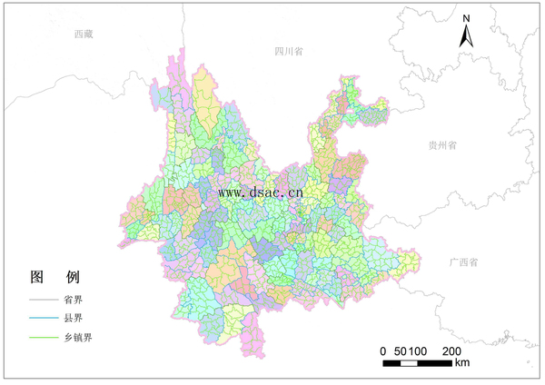 采用人机交互的方式开展行政区划地图矢量化工作,最终获取云南省乡镇图片
