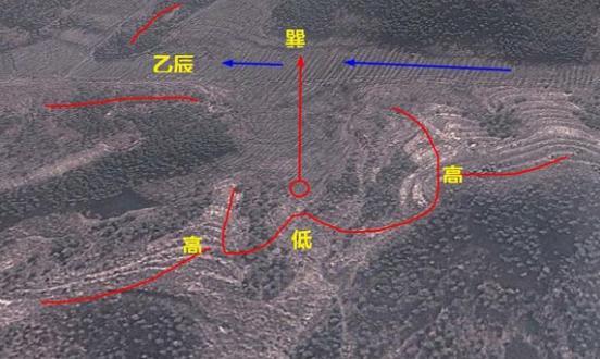 从侧面来看来龙和穴星,1往下是阴宅,2为阴宅后的山,3为深坑