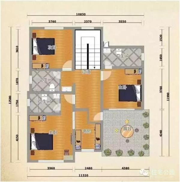 别墅占地11.8X13.6米,为了生活品质更加高雅、舒适,住宅有前后两个院,两侧有绿化带设计,这样以来就可以四面环窗,日照率充足了。住宅的主人追求生活的品质,室内设有4卧室1客厅1餐厅1厨5卫2书房2露台1影音室1车库 这是设计师为他量身定做的室内平面布局图: