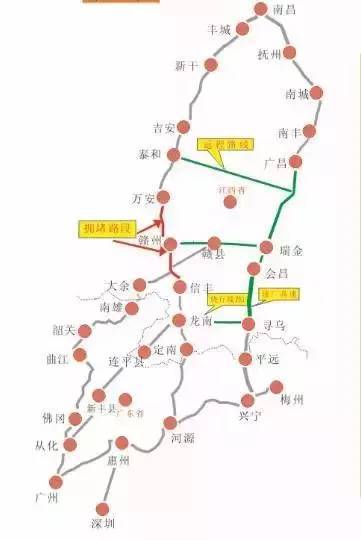 江西的,可由大广高速信丰枢纽(大广高速3127km)转寻全高速,再由济广