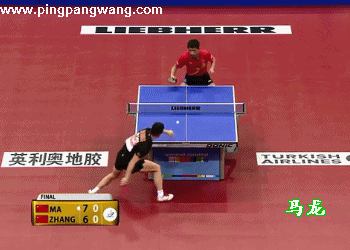 马龙高吊弧圈,球又高又顶;张继科后退一步反手接回,正手位出现空档