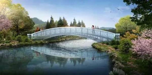赵庄路跨大寨河景观人行桥,柳堤和龙盘山钢结构景观桥梁正在施工