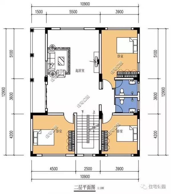 新农村别墅坐东朝西户型 11x13米大客厅过年也够用