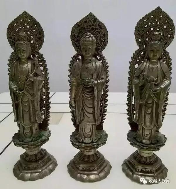 明朝鎏金铜净土宗西方三圣像,佛像高度约20cm,属张生先生家传精品, 如