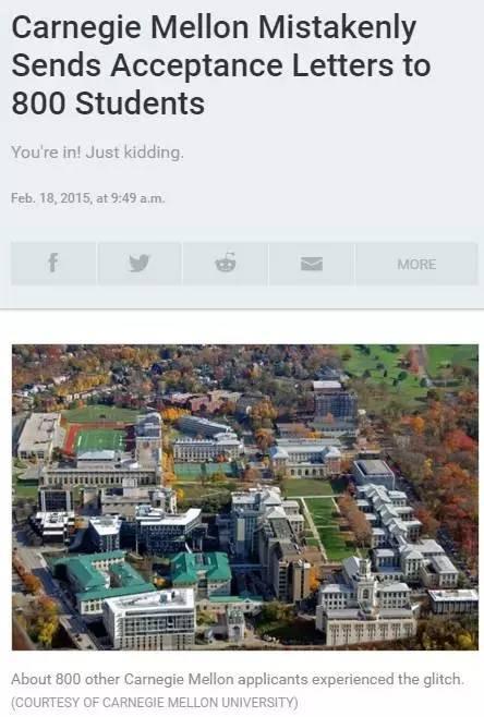 卡内基梅隆大学(carnegie mellon university)错发了800封录取通知书