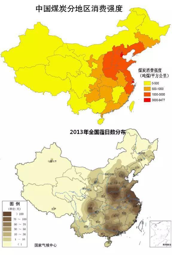 中国煤炭分区域消费强度和雾霾日分布数对比