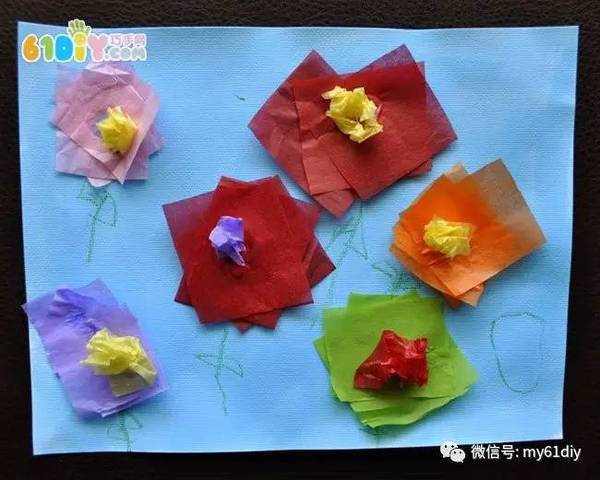 幼儿园 妇女节手工制作立体花朵贴画 手工材料:卡纸,搓纸,蜡笔,剪刀