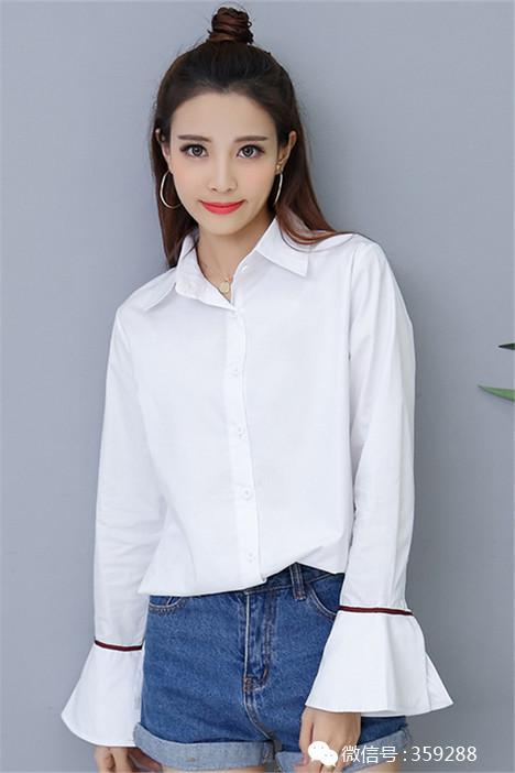 推荐春款韩版修身显瘦喇叭袖白衬衫气质通勤宽松长袖白衬衣女