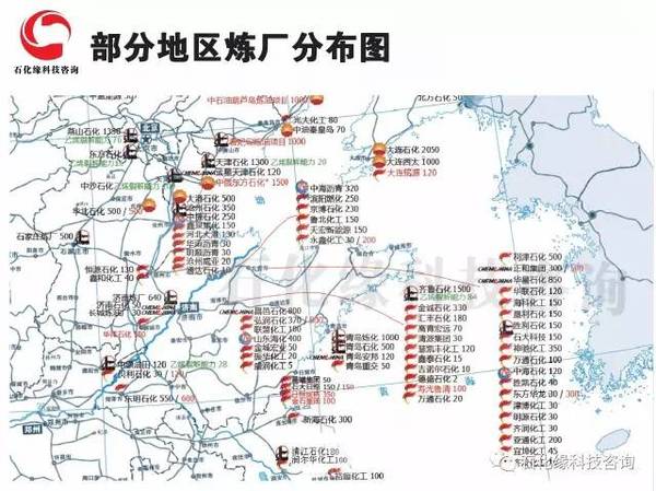 中国七大石化基地分布图:部分炼厂分布图