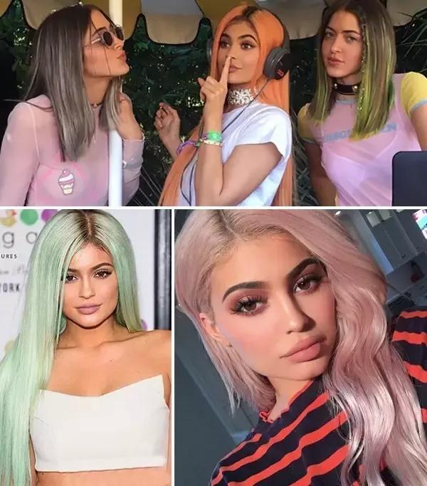 金小小妹kylie jenner一直很喜欢彩染,各种绿的橙的粉的,统统试了一遍