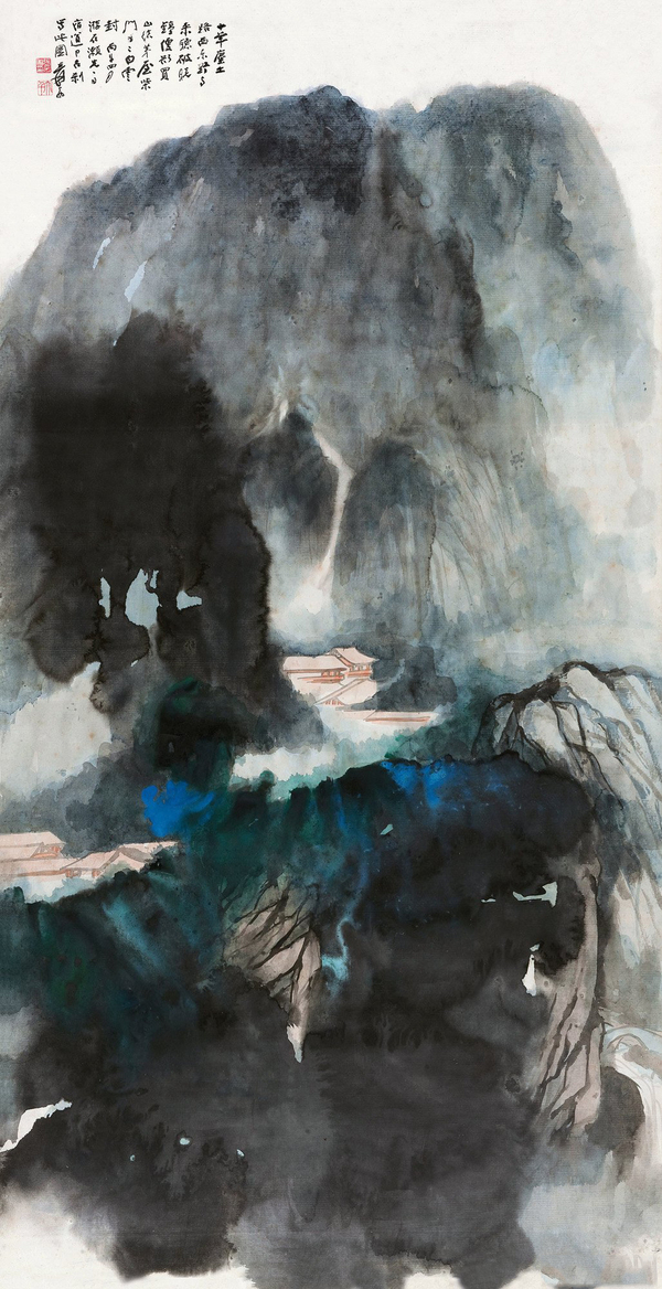 张大千泼墨泼彩山水画《野寺晨钟》欣赏