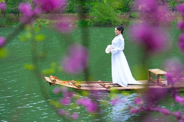 古装白衣美女飘荡在万亩竹林间,宛若仙女下凡