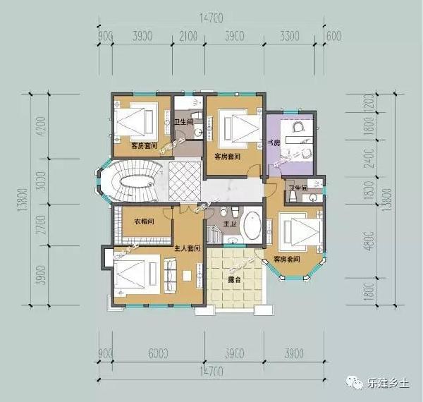 一层平面图 二层与一层动静分离,主人套间和客房套间功能齐全,可