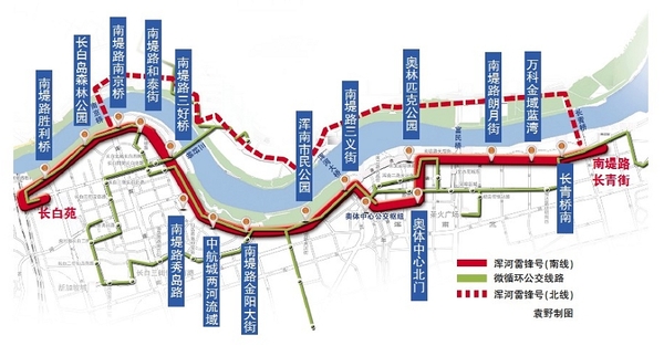 "浑河雷锋号"滨水公交环线串联起浑河两岸各个小区,跨河桥梁节点和