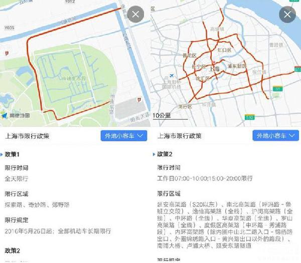 会显示出上海地区的限行政策,详细的介绍了限行时间,限行区域和限行