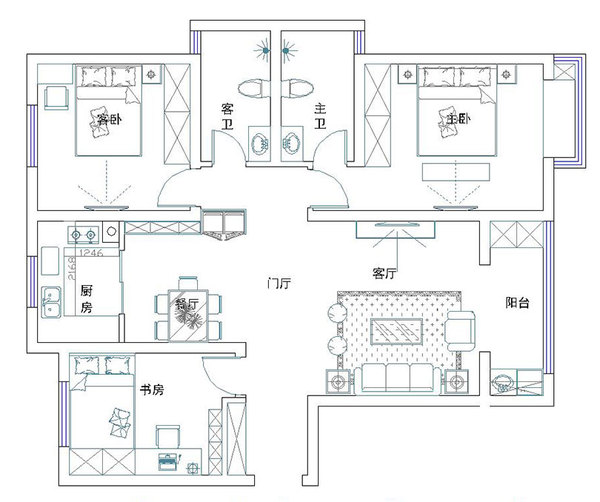 绿都紫荆华庭130平装修三室两厅简欧风格样板间—平面布局方案