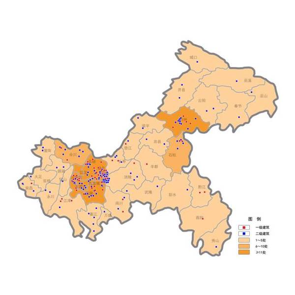 重庆优秀历史建筑各区县分布图(市规划局供图)