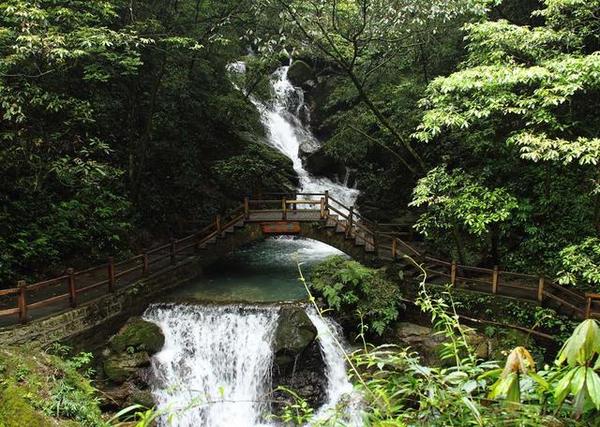 小溪几乎是在石槽里奔流,水流湍急,瀑布众多,最漂亮的就是双龙潭瀑布