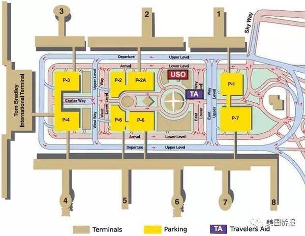 洛杉矶国际机场平面图 航站楼依照数字1-8排列 国际航站楼在图中最左