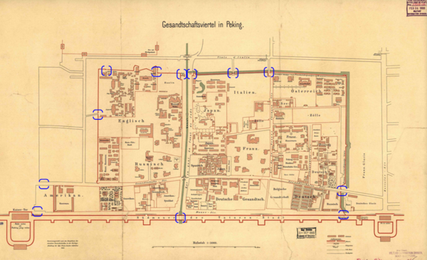 1903 年东交民巷地区四至内各门(含兵营)位置示意图