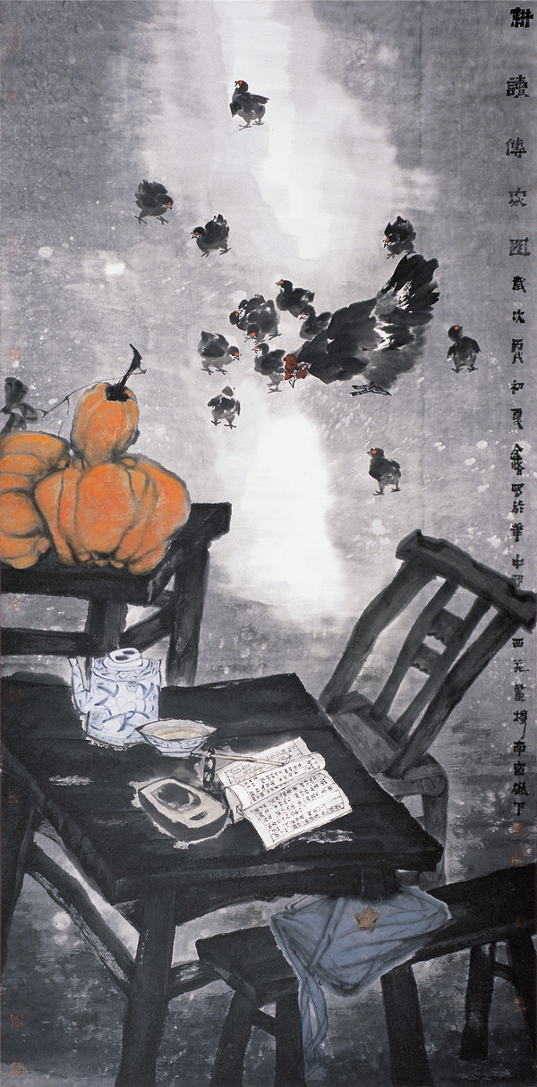 魏金修《耕读传家》240×120cm纸本水墨设色 2006年