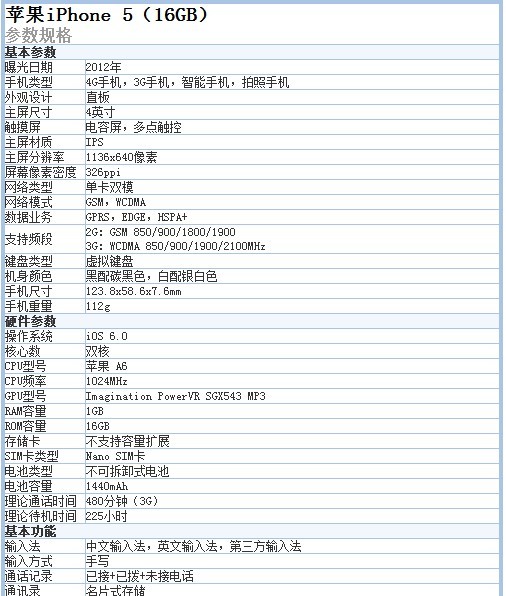 iphone 5配置参数图片