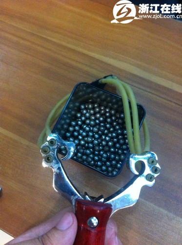 弹弓配的是钢珠子弹,射程很远,力量很强