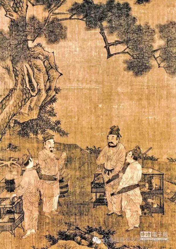 元赵孟頫〈斗茶图〉图上卖茶小贩背后都背着一把像雨伞一样的东西,那