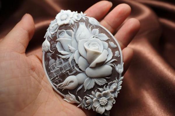 意大利进口收藏级特大型精品贝雕cameo玫瑰城堡大师