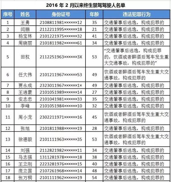 附:《2016 年   月以来终生禁驾驾驶人名单》