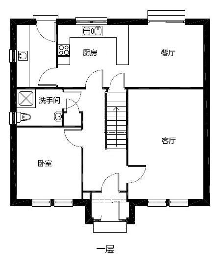 平面佈局圖: 一層設有客廳,餐廳,廚房,臥室,衛生間