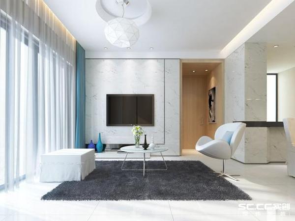 客厅的以浅亚麻色为主调,展现一个休闲的氛围,电视墙处理相当简洁而富