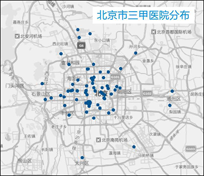 從區域的分佈來看,三甲醫院在五環內比較集中,其中海淀,西城,東城三區