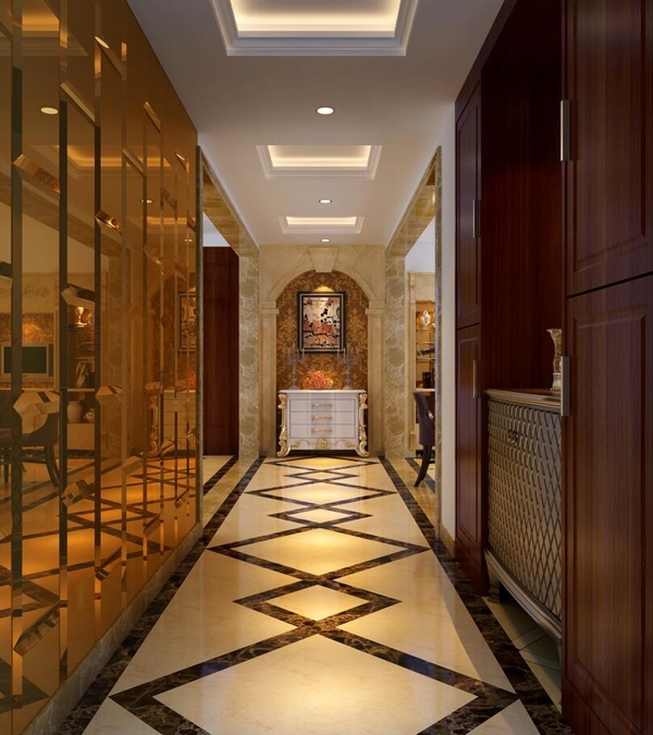 郑州郊区别墅装饰,玄关金碧辉煌地砖拼花优雅美观