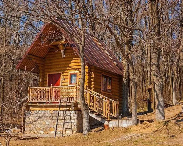 (春天森林中带门廊的紧凑型小木屋别墅)