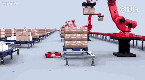 机器人自动分拣并贴上标签 ↑ ↑ 机器人自动收集货物,进行分层