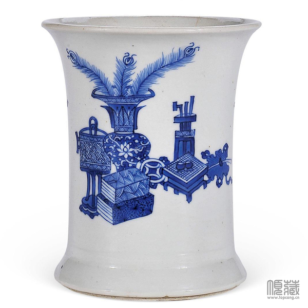 清康熙 青花博古纹笔筒